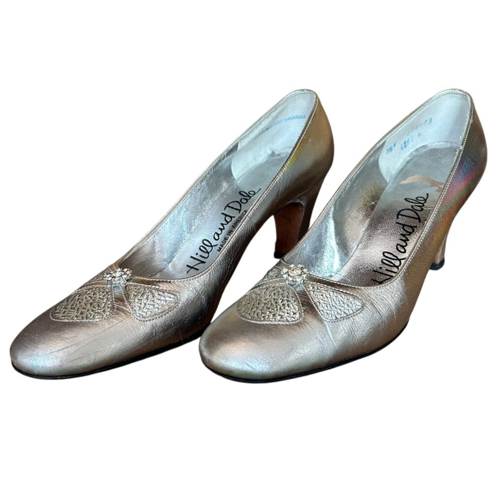Vintage Hill and Dale Metallic Silver Pinup Jeweled Pumps 5.5 N USA